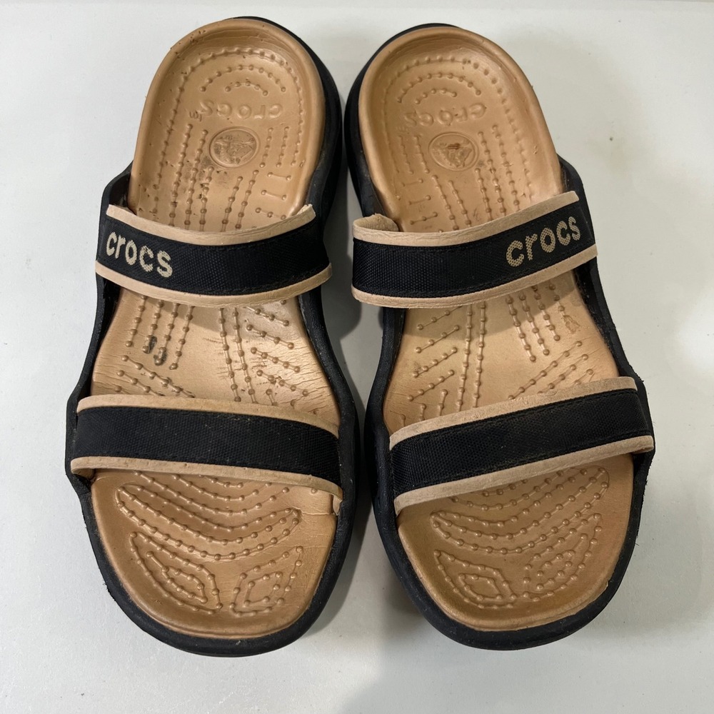 Crocs Cleo Sandals Women Size 6 Black Tan Double Strap Comfort Slides Casual - Picture 5 of 6